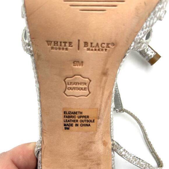 WHITE HOUSE BLACK MARKET ELIZABETH strappy heel sandals silver  fabric upper  9 - Picture 9 of 11